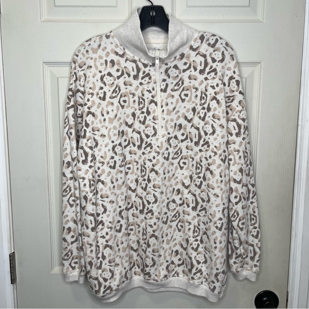 Aerie Leopard Cheetah Print Tan Cream Oversized Pullover 1/4 Zip Sweatshirt XS
